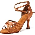 DKZSYIM Women's Satin Latin Dance Shoes Professional Ballroom Salsa Practice Performance Dancing Shoes,Model 213