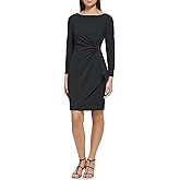 DKNY Womens Long Sleeve Jewel Neck Mini D Buckle Scuba Crepe Dress