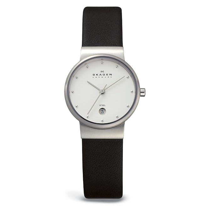 Skagen Ladies Watch 355SSLW with Black Leather Strap and Mother Of