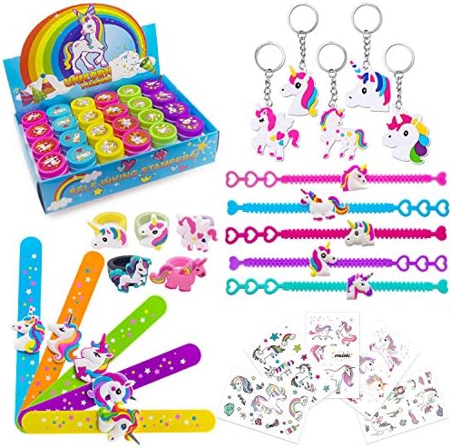 Rainbow Unicorn Party Favors,Unicorn Stampers, Unicorn Temporary Tattoos,Unicorn Slap Bracelets, Keychain,Rings For Kids Unicorn Party With Gift Bag