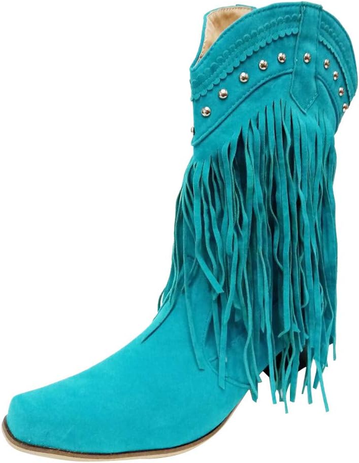 Sturrly Western Knight Boots Women's Flats Tassel Pointed Toe Low-Heeled Fringe Moccasin Zipper Under Knee High Shoes