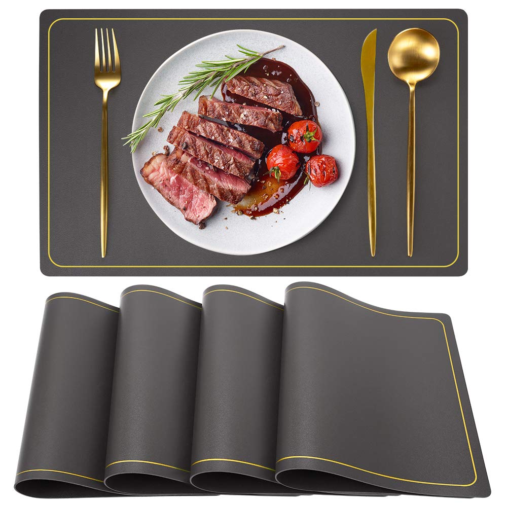 Grey Placemats, PU Faux Leather Placemats, Wipeable Waterproof Non Slip Placemats, Table Mats Set of 6, Rectangle Easy Clean Placemats, WEHVKEI Place Mats for Home Kitchen Dining Table Dinner (6 PCS)