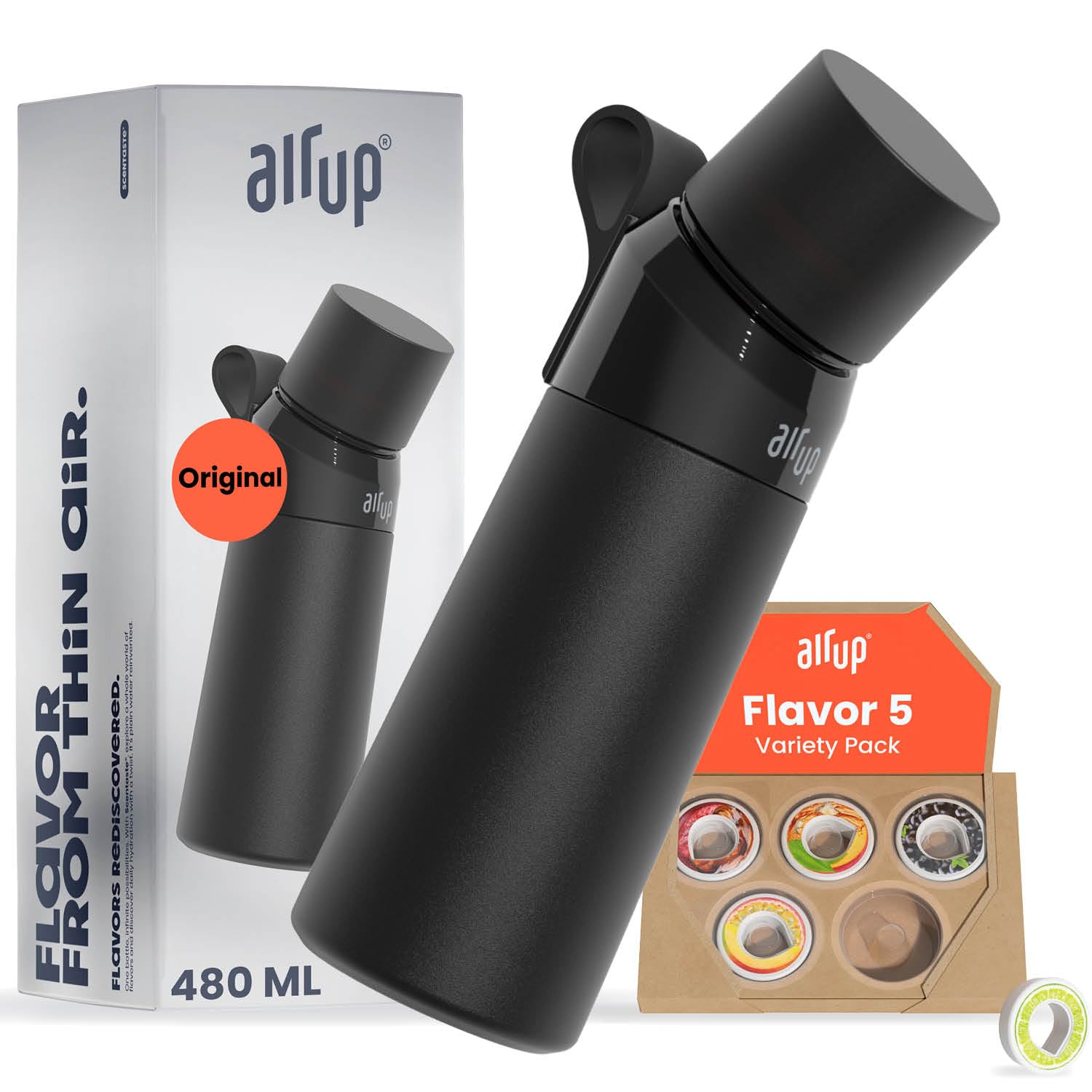 AIR UP® Bottle Original Starter Set incl. pods in 5 flavours, sugar-free I 480ml insulated bottle with flavour, keeps water cold for 14 hours I Black