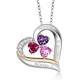 Customized Personalized Engraved 3-Stone Heart Pendant Necklace For Women | 925 Sterling Silver and 10k Yellow Gold | Gemstone Birthstone and White Lab Grown Diamond | 5MM Heart Shape | With 18 Inch