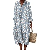 Epanus Women Spring Boho Floral Print Maxi Dress Casual Long Sleeve V Neck Loose A Line Beach Vacation Dress with Pocket