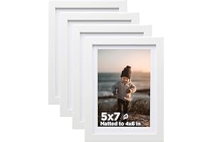 KINLINK 5x7 Picture Frame White Set of 4, Wooden Photo Frames Matted 4x6 with Plexiglass for 4x6 with Mat or 5x7 without Mat for Table and Wall Display