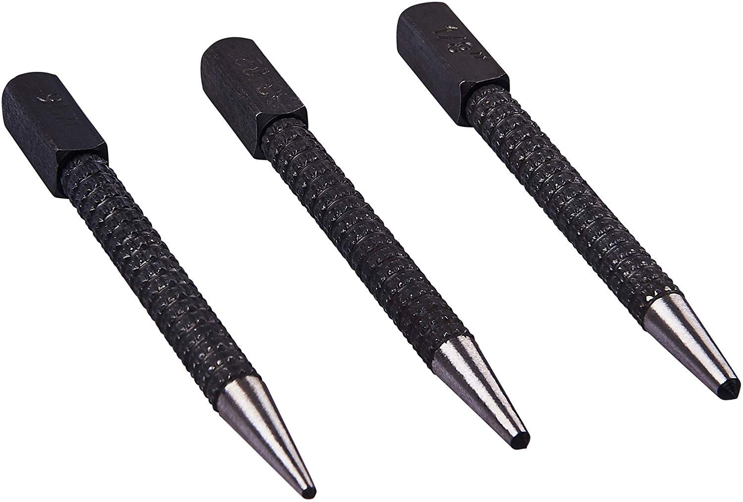 Glow Heavy Duty 3pc Centre Punch Set – Strong Heat Treated Hardened Carbon Steel Guide Marker with Square Striking Head - 3 Sizes 1/16" 3/32" 1/8" with Ribbed Non-Slip Grip for Precision and Accuracy