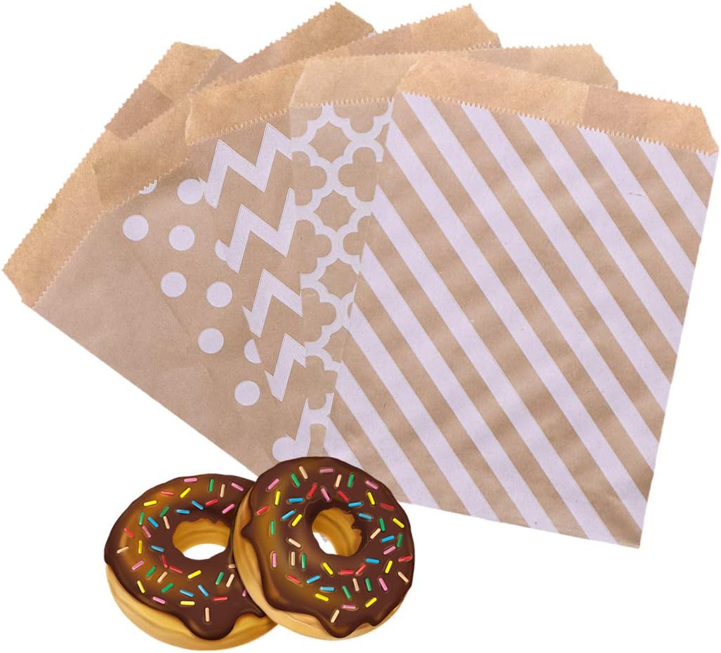 100-Pack Paper Treat Bags - Kraft Food-Safe gift bags, Candy Cookie Favor Popcorn Pastry snacks buffet wrappers, No Wax, 5 designs, Party supplies, 5.1" x 7.1", Brown