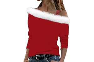 DGZTWLL Merry Christmas Shirts for Women Sparkly Tree Long Sleeve Faux Fur Off Shoulder Sequin Tops Snowflake Holiday Shirts