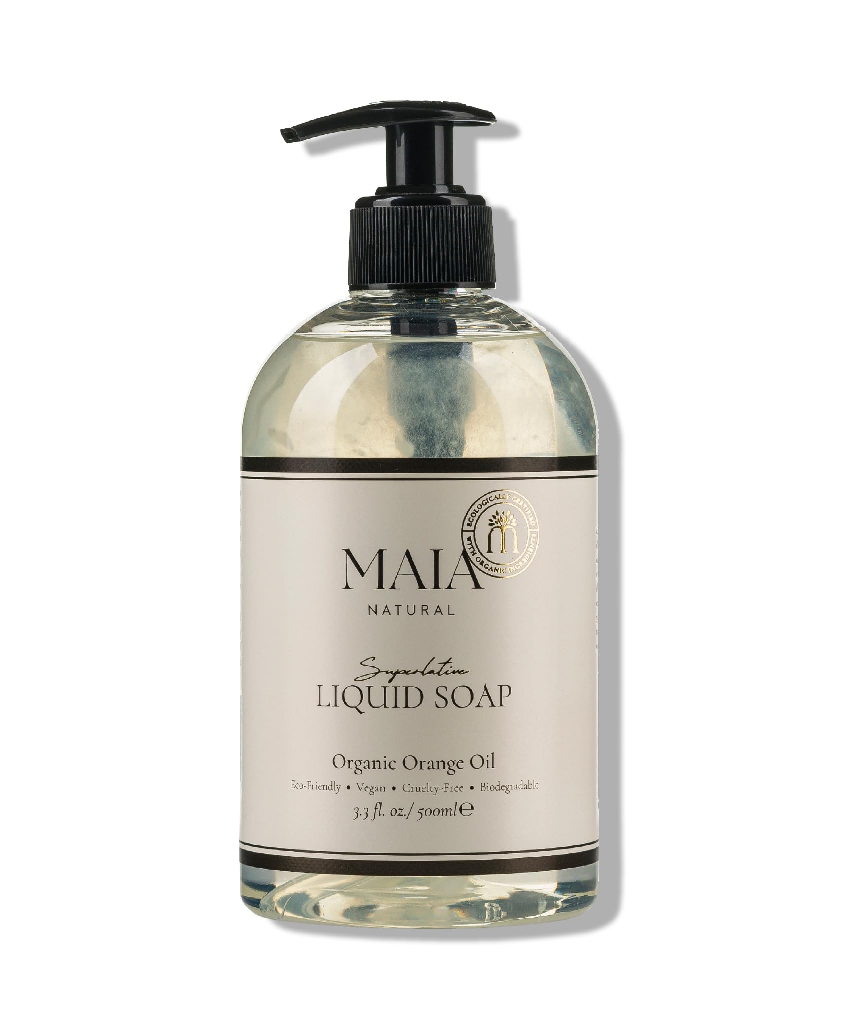 MAIA NATURAL Liquid Hand Soap 500ml | Vegan & ECOGARANTIE® Certified | Eco-Friendly, Non-Toxic,Plant-Based | Paraben-Free | Biodegradable Formula| Safe for Sensitive Skin| Organic Essential Orange Oil