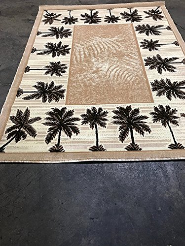 Palm Tree Modern Area Rug Tropical Beige & Green Design 729 (8 Feet X 10 Feet)