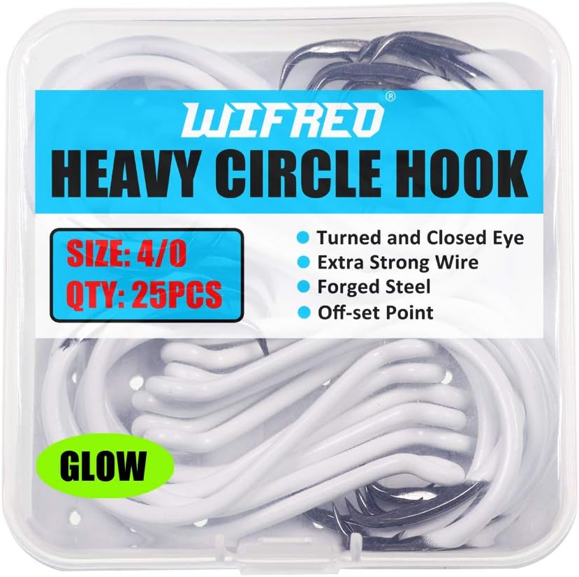 wifreo Luminous Offset Point Octopus Circle Hooks, Pack of 25, for Catfish, Snapper, Saltwater or Freshwater Fishing Hooks