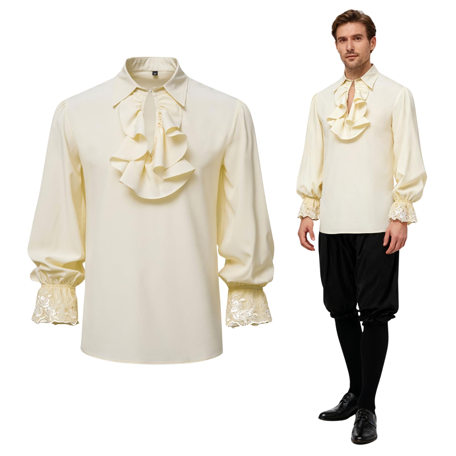 maxToonrain Men's Victorian Shirt Longsleeve Medieval Costume Pirate Steampunk Gothic Retro Renaissance Beige Tops for Halloween Christmas Larp World Book Day (Lotus Leaf, Medium)