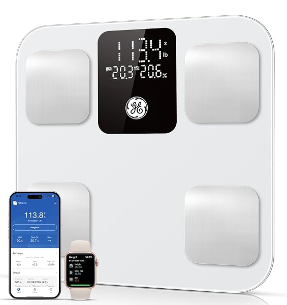 GE SMART SCALE FOR BODY WEIGHT: BODY FAT, BMI, DIGITAL BATHROOM SCALE – 14 BODY COMPOSITION ANALYZER HEALTH MONITOR, HIGHLY ACCURATE BLUETOOTH WEIGHING SCALE WITH APP 400 LB, 11 INCH