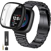 Metal Watch Band for Fitbit Versa 4/Versa 3 &amp; Sense 2/Sense with TPU Case | Stainless Steel Classic Strap with Same-Color Screen Protector Case, Adjustable Wrist 6.4-8.3in, for Men Women
