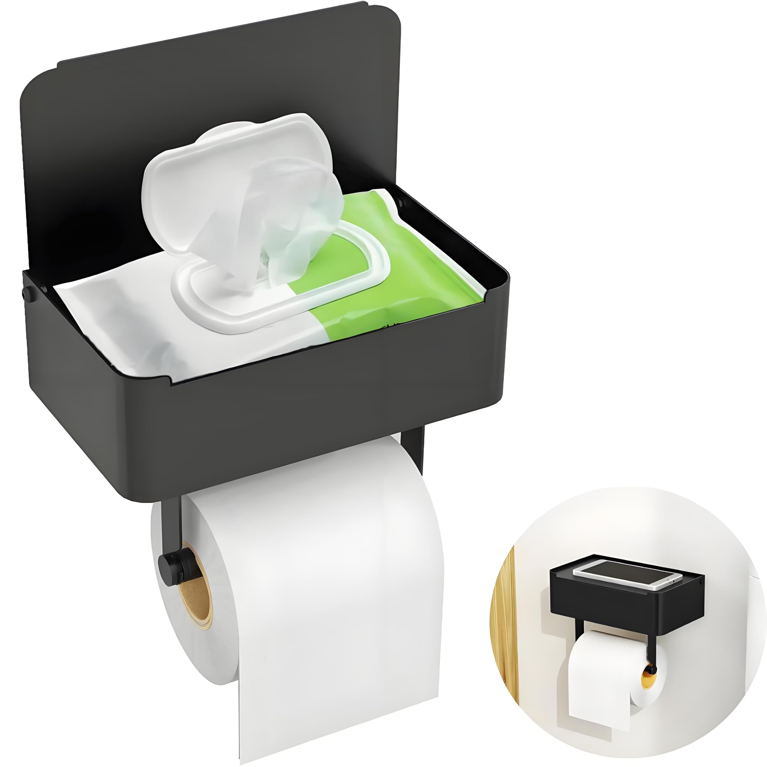 Self Adhesive Toilet Roll Holder Wall Mounted with Wipes Storage Box, Gypie 304 Stainless Steel Stick on Toilet Paper Holder with Shelf, Rustproof Matt Black Tissue holder for Bathroom