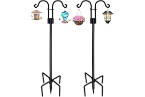 STAUKOK Double Shepherds Hooks for Outdoor, 2 Pack 108 Inch Bird Feeder Pole with 5 Prongs Base, Heavy Duty Garden Hook for Hanging Plant, Lantern, Hummingbird Feeder