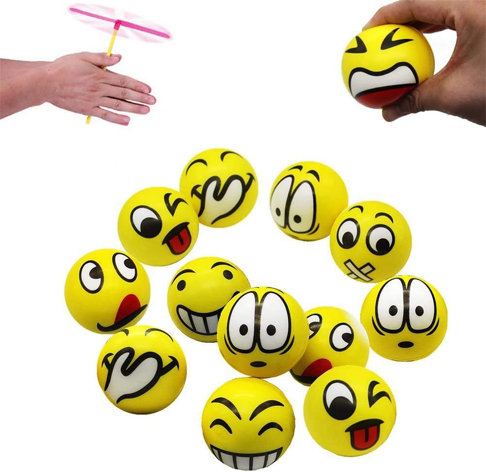 MIMIEYES Yellow Stress Ball, Smiley face Squishy Bouncy Ball, Finger Exercise/Stress Relief Toys, Funny Face Squeeze Ball, 12pcs