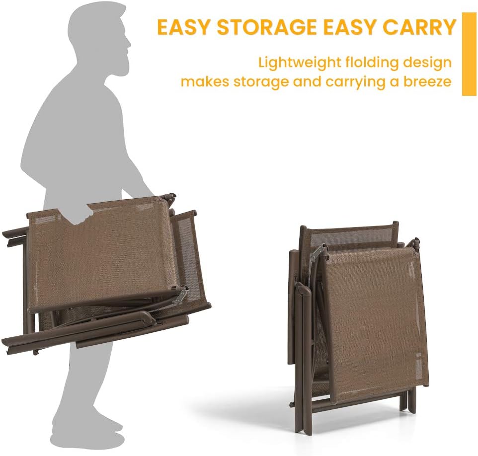 Crestlive Products Aluminum Beach Yard Pool Folding Recliner Adjustable Chaise Lounge Chair and Table Set All Weather for Outdoor Indoor, Brown Frame (Brown & Black): Furniture & Decor