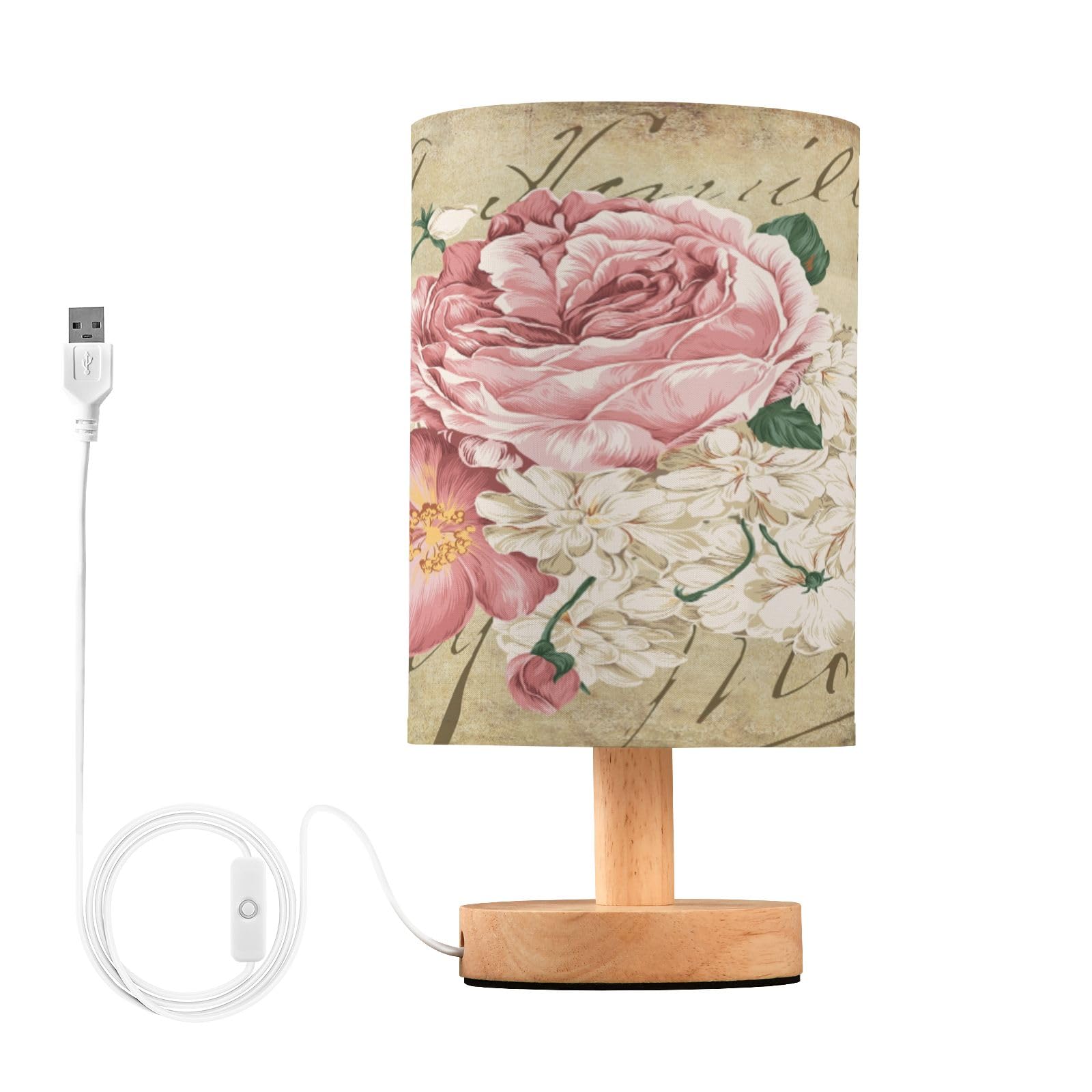 Mnsruu Small Table Lamp for Bedroom Vintage Shabby Chic Pink Rose Flowers Table Lamp Nightstand Lamp for Livingroom Office Reading Working Table Desk
