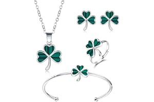 HONGZHUAN JEWELRY Shamrock St. Patrick's Day Necklace Earrings Ring Bracelet Jewelry Set Green Three Leaf Heart Clover Jewelry Gift for Women Girls