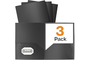 Dunwell Plastic Folders with Pockets (Black, 3 Pack), 2 Pocket Poly Folders for School, Home or Office, Durable Acid-Free Poly, Includes Removable Adhesive Labels