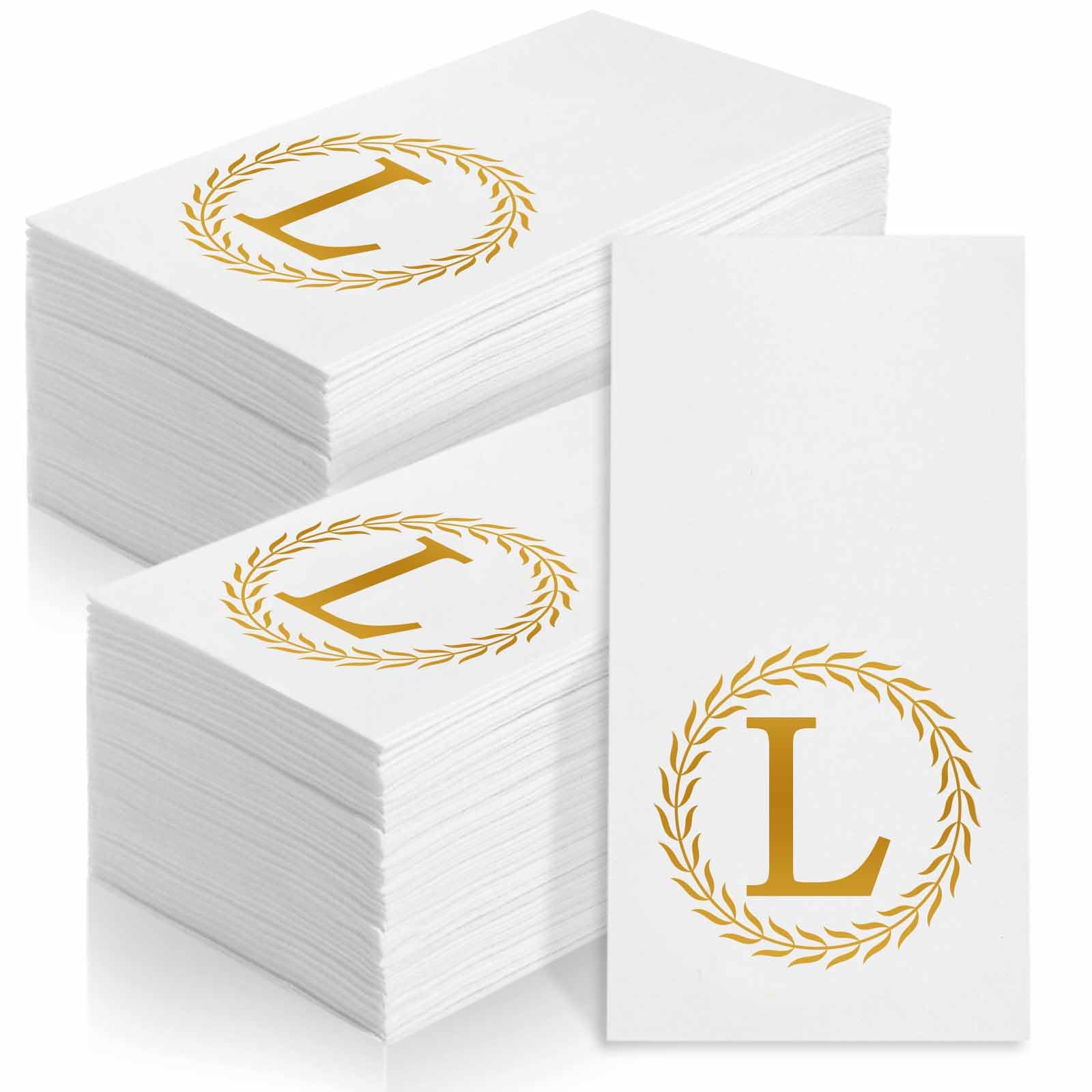 Photo 1 of 100 Gold Monogram Disposable Napkins - Letter L Hand Towels Decorative, Dinner Napkins for Guest, Monogrammed Hand Towels for Bathroom Wedding Birthday Party Baby Shower