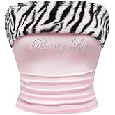 WDIRARA Women's Fuzzy Zebra Pattern Ruched Tube Top Rhinestone Strapless Bandeau Crop Tops