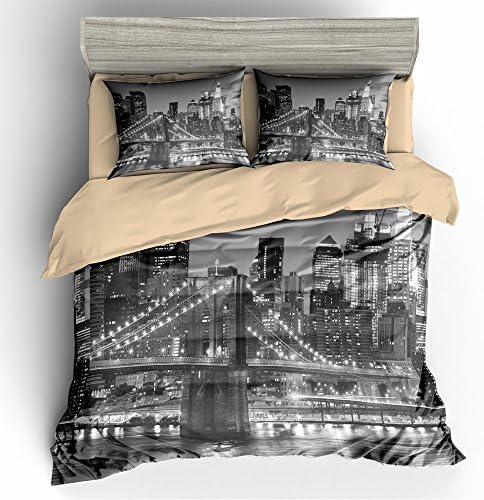 BOMCOM 3D Digital Printing Brooklyn Bridge and Manhattan over Hudson River Illuminated with Lights at Dusk after Sunset 2-Piece Duvet Cover Sets 100% Microfiber(twin, New York City B&amp;W)