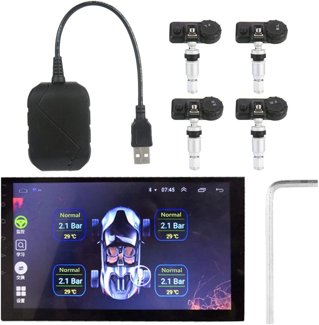 Moshbu Tire Pressure Monitor System, Temperature Save Fuel Universal Auto Alarm Sensor Module USB TPMS with 4Sensors for Android Suitable for Car Bus Jeep Vehicle Minibus