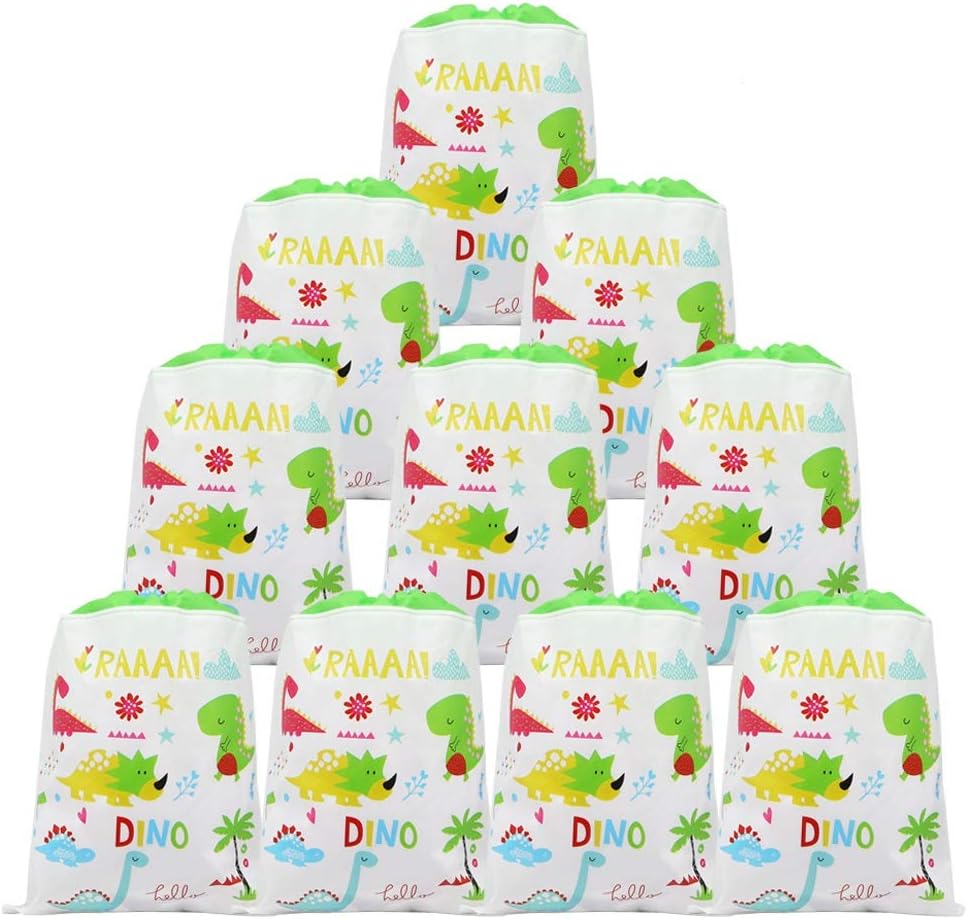 Xplanet 12 Pack Dinosaur Drawstring Party Bag, Dinosaur Drawstring Backpacks Gifts Bags Birthday Party Supplies Favor Bag for Kids Children Boys Baby Shower Green