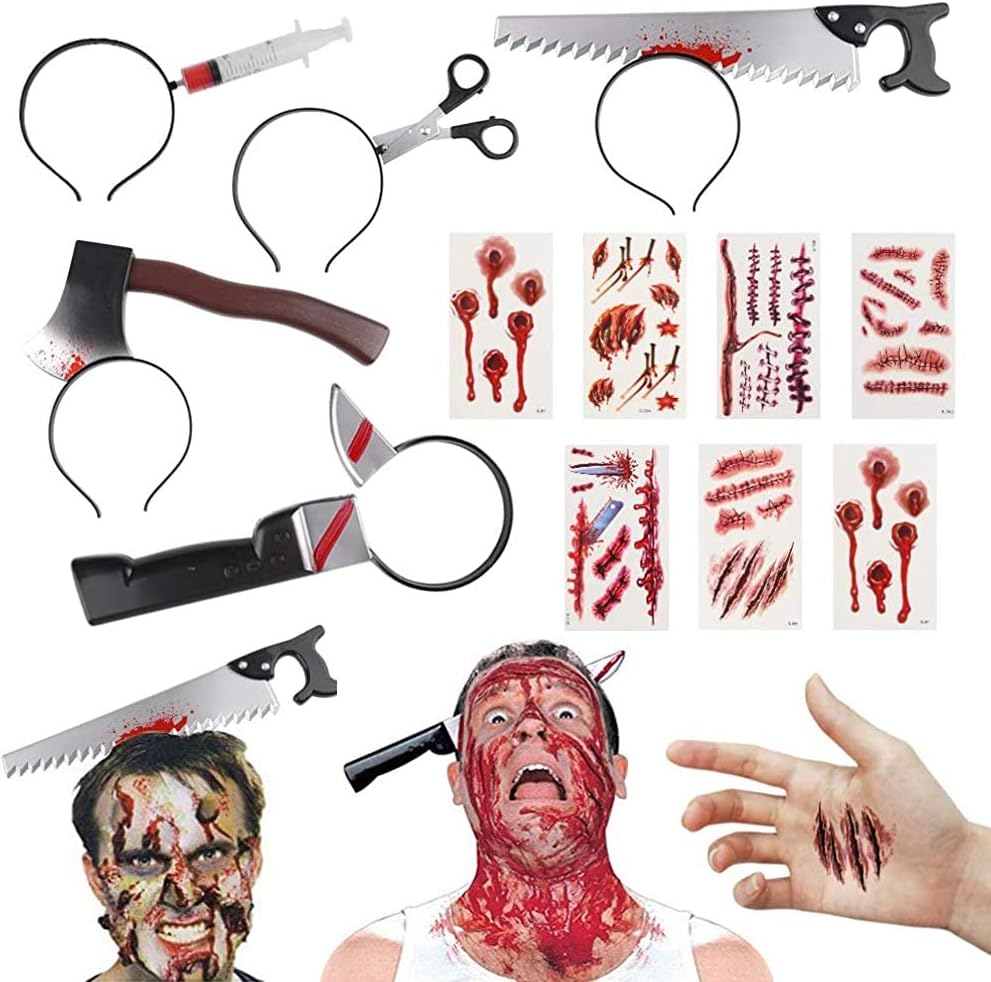 BigOtters Halloween Headbands, 23PCS Halloween Horror Set Including 5PCS Headwear Cleaver Bloody Headpieces and 18PCS Zombie Tattoos Stickers for Tricky Toys Costume Party Supplies: Health & Personal Care
