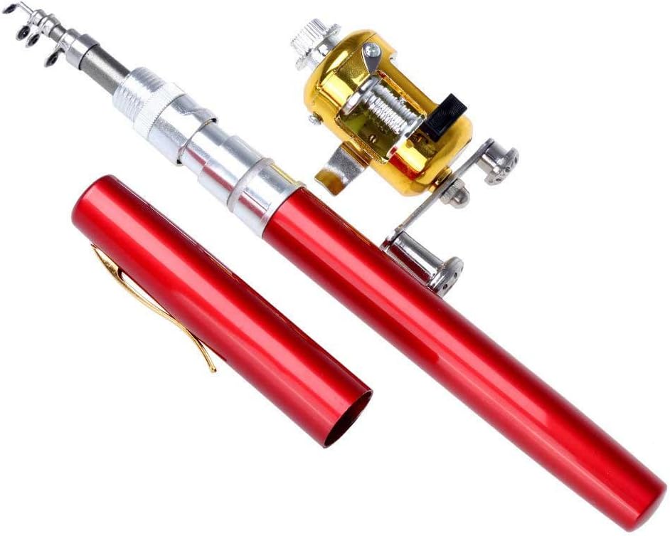 Best Fishing Rods Portable Pocket Pen Shape Aluminum Alloy Fishing Rod Pole Reel Combos (Red)