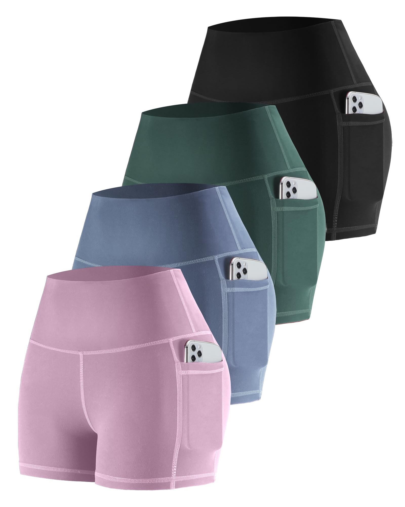 CHRLEISURE Womens Biker Yoga Shorts with Pockets: High Waisted Tummy Control Spandex Workout Athletic Gym Shorts 4 Packs(3''Black,Pink,Blue,Teal, 2XL) Image