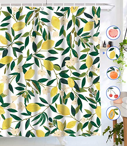 Lifeel Lemon Shower Curtains, Allover Fruits Shower Curtain Green Leaves Plant Design Waterproof Fabric Bathroom Shower Curtain Set with 12 Hooks, Green Yellow 72"×72" - Thumbnail 7