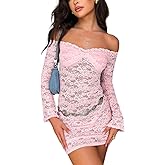 Womens Sexy Off Shoulder Lace Dresses Long Sleeve See Through Bodycon Mini Dress Y2K Dress Birthday Date Night Outfit