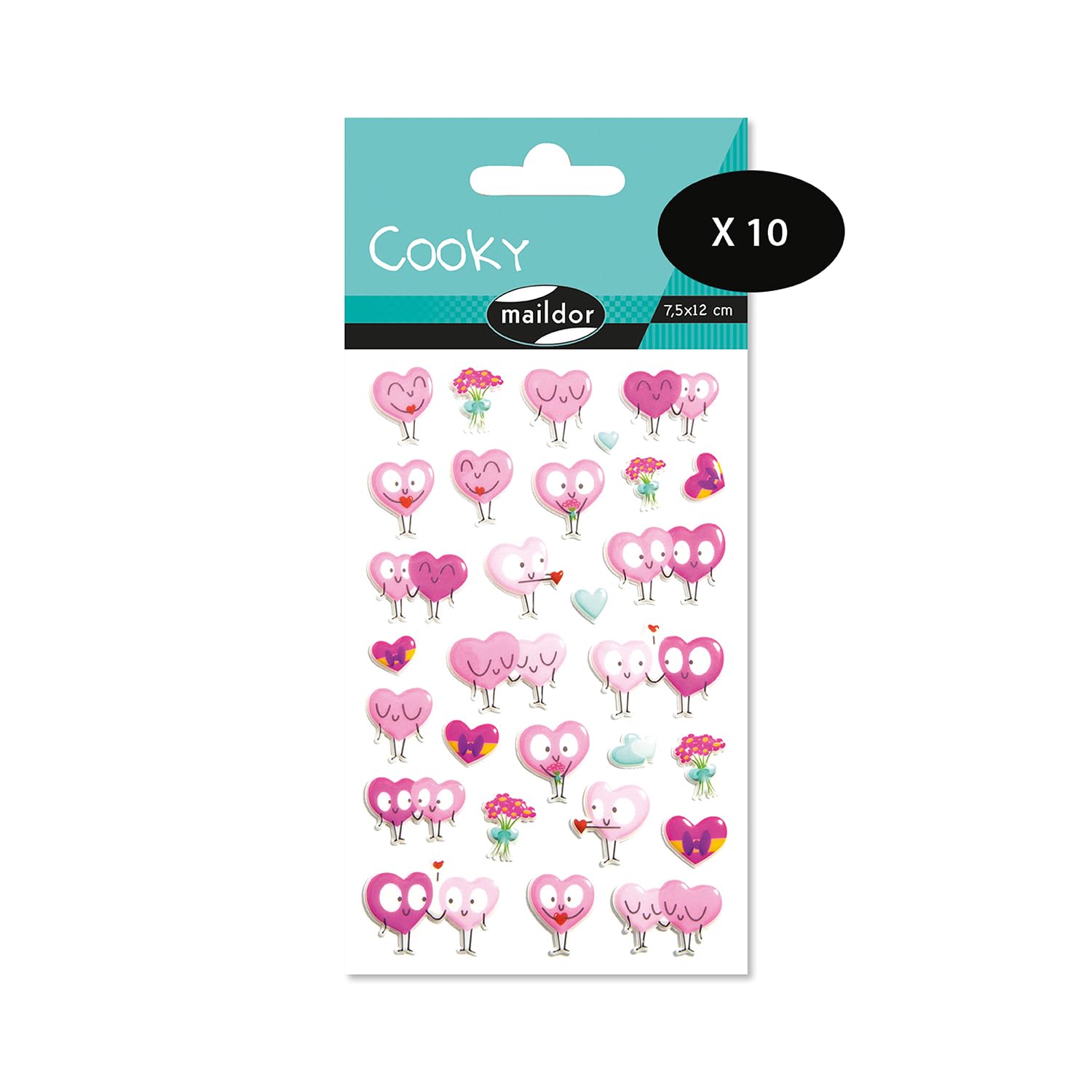 Maildor CY105Cpack - Cooky 3D Stickers - LOT of 10 Sheets 12 cm x 8 cm - 290 Stickers - Hearts Theme - Children's Arts and Crafts Accessories - Creative