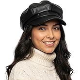 Punctualgood Newsboy Cap for Men Women, PU Leather Adjustable Beret Hat with Visor 8 Panel Winter Cabbie Painter Cap