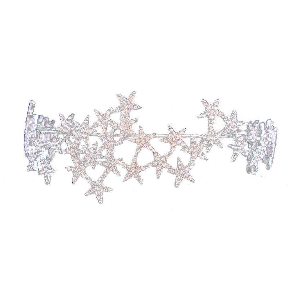 Bride Wedding Crystal Rhinestone Star Crown Hair Accessories for Women (White)