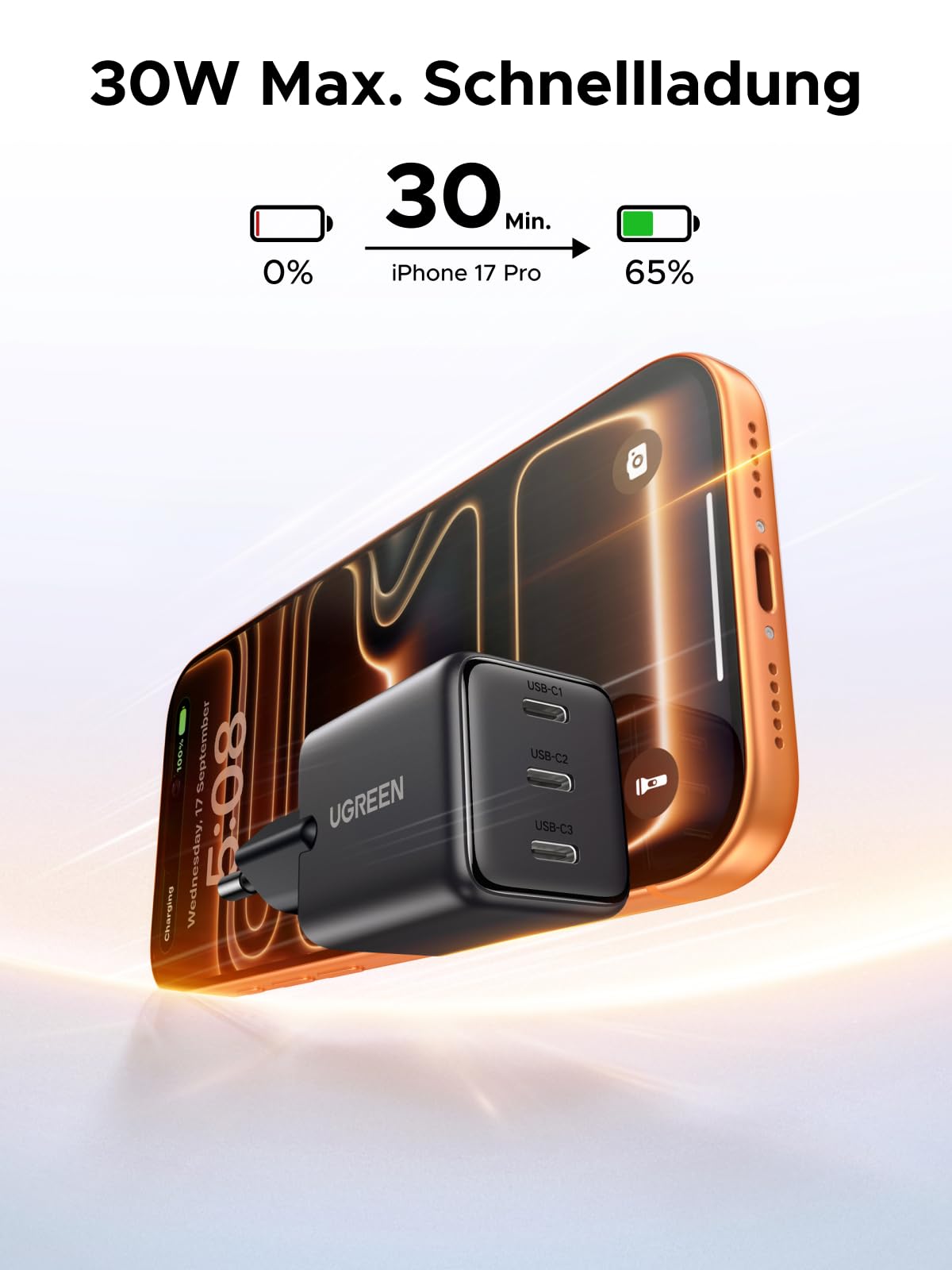 UGREEN USB C Ladegerät 30W GaN Netzteil mit 3X USB-C-Port PD Schnellladegerät Kompatibel mit iPhone 17, 17 Pro Max, Air, 16, 15, 14, 13, 12, iPad, Galaxy S25, S24, S23, Pixel 9 2