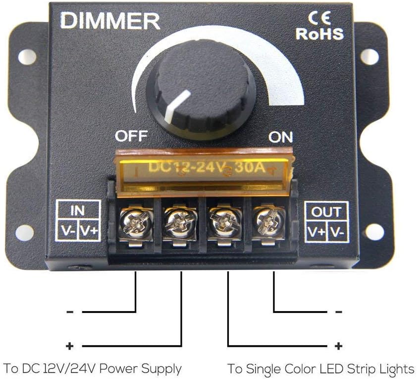 RKURCK 12V/24V DC 30A PWM LED Dimmer Controller, Single Channel for Single Color LED Strip Lights 5050 3528 5630, 360W-720W, 0-30A - Image 4