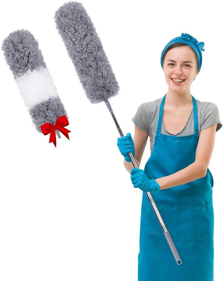 Microfiber Feather Duster Extendable Cobweb Duster with 100 inches Extra Long Pole, Bendable Head & Scratch-Resistant Hat for Cleaning Ceiling Fan, High Ceiling, Blinds, Furniture & Cars Grey
