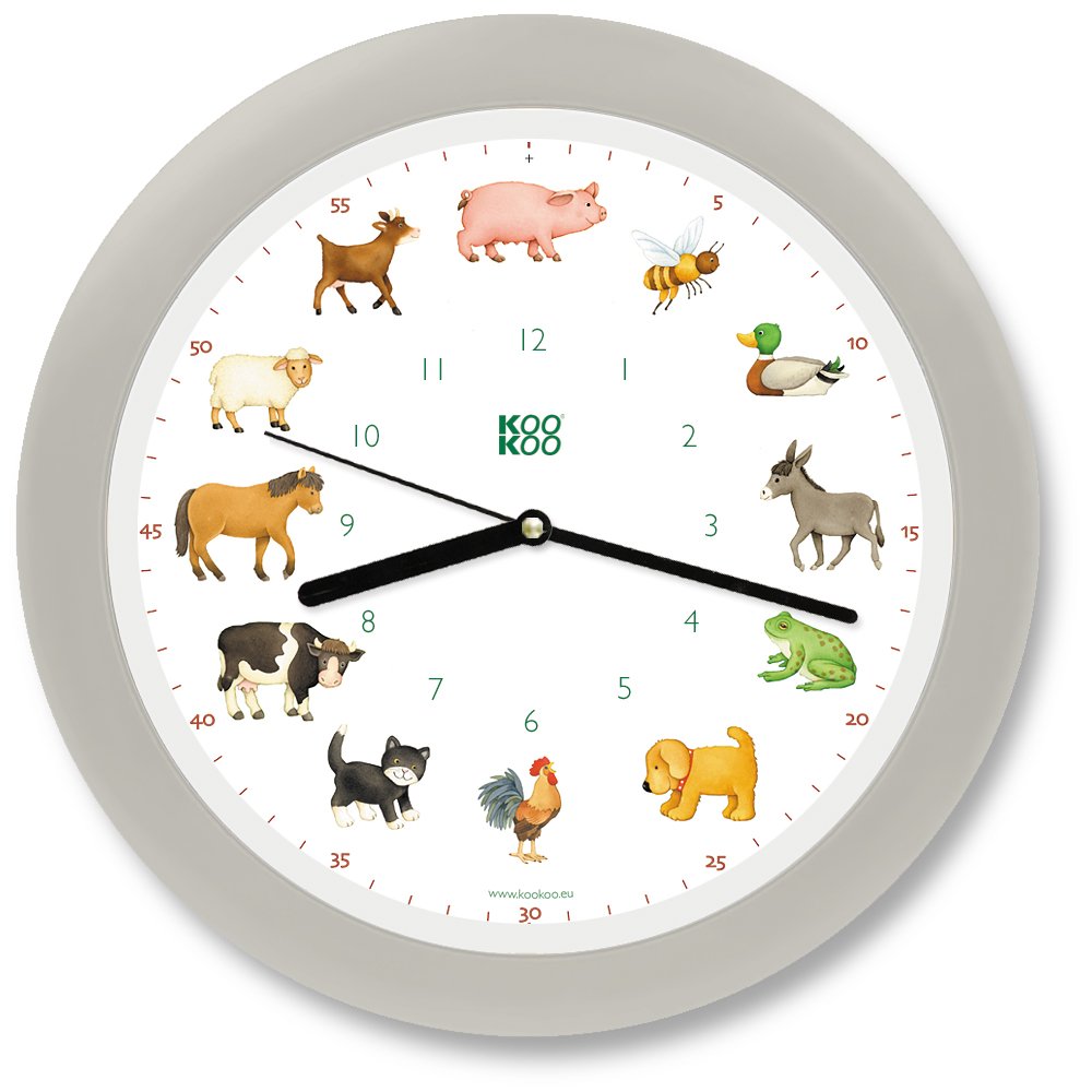 KOOKOO KidsWorld Silk-grey, genuine wall clock with natural sounds, 12 farm animals