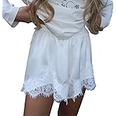 KMBANGI Women Lace Trim Satin Shorts Elastic Waist Lace Patchwork Silk French Knickers Coquette Pj Shorts Slip Bottoms