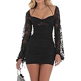 Zebaexf Women's Lace Mini Dress Mesh Dress Long Puff Sleeve Mini Bodycon Party Clubwear for Women