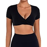 Sunzel Women's Short Sleeve Workout Tops Twist Front Deep V Crop Top Quick Dry Compression Shirts for Yoga Gym Pilates Spring