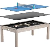 7 ft Pool Table Combo,3 in 1 Pool, Dining, &amp; Table Tennis with Full Accessories,HDF Wood Grain Finish &amp; Chrome Accents