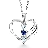 925 Sterling Silver Sky Blue Aquamarine and Blue Created Sapphire and White Moissanite 3-Stone Pendant Necklace For Women (1.10 Cttw, March Birthstone, Heart Shape 4MM, with 18 Inch Silver Chain)