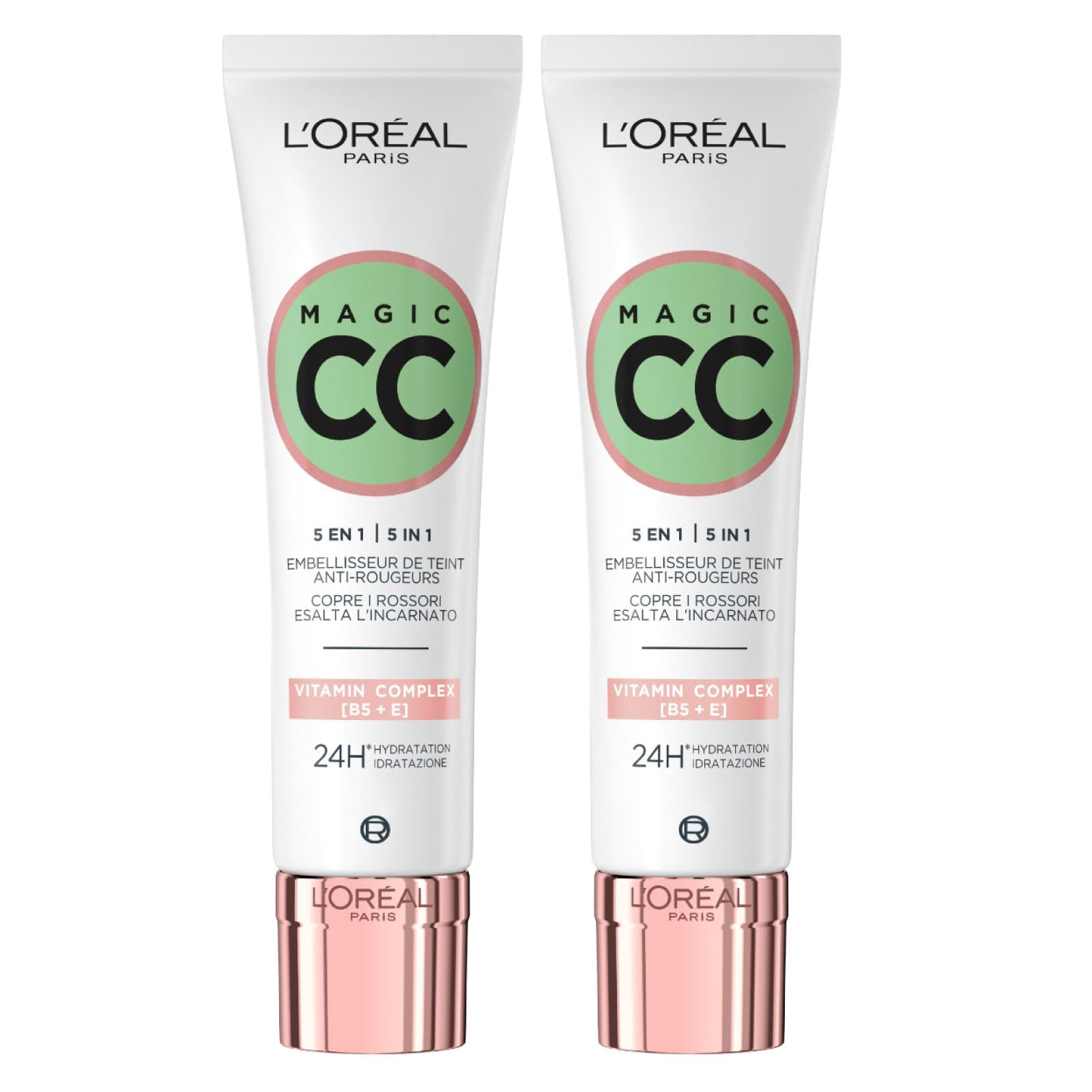 L'Oréal Paris Magic CC Cream 24H Anti-Redness Moisturizing Green Cream 5in1 Universal Shade Long-Lasting Velvety Skin Effect - 2 Bottles of 30ml