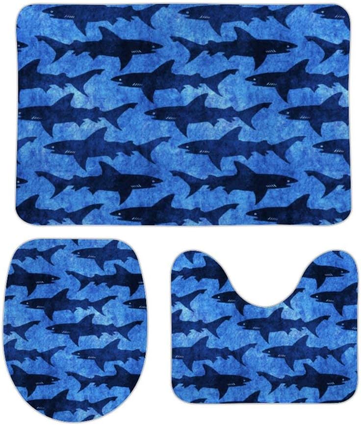 Shark Attack Scuba Diver Deep Sea 3 Piece Bathroom Rug Set Bath Mat Shower Rug, U Shaped Contour Mat, Lid Cover Non-Slip with Rubber Backing for Tub Shower Bath Room 16" x 24"